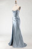 Grey Blue Mermaid Beaded Strapless Corset Ruched Long Prom Dress with Slit