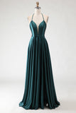 Dark Green Halter A Line Pleated Long Prom Dress with Slit
