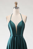 Dark Green Halter A Line Pleated Long Prom Dress with Slit