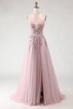 Blush Pink Halter Corset Appliqued A Line Long Prom Dress with Slit