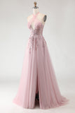 Blush Pink Halter Corset Appliqued A Line Long Prom Dress with Slit