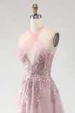 Blush Pink Halter Corset Appliqued A Line Long Prom Dress with Slit