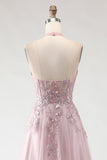 Blush Pink Halter Corset Appliqued A Line Long Prom Dress with Slit