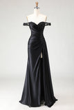 Off the Shoulder Black Mermaid Sequin Long Prom Dress with Slit
