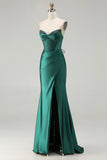 Dark Green Strapless Beaded Corset Long Prom Dress with Slit