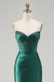 Dark Green Strapless Beaded Corset Long Prom Dress with Slit