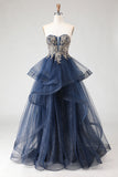 Glitter Navy A Line Strapless Applique Long Prom Dress with Spiral Ruffles