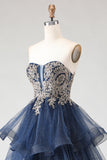 Glitter Navy A Line Strapless Applique Long Prom Dress with Spiral Ruffles