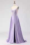 Purple A-Line Satin Sequins Backless Long Prom Dress with Slit
