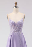 Purple A-Line Satin Sequins Backless Long Prom Dress with Slit