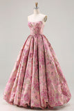 Princess Pink Floral Strapless Corset Long Plus Size Prom Dress with Lace Up Back
