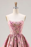 Strapless Pink Jacquard Corset Princess Floral Long Prom Dress with Lace Up Back