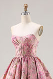Strapless Pink Jacquard Corset Princess Floral Long Prom Dress with Lace Up Back