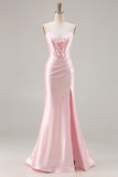 Pink Mermaid Corset Lace Up Back Long Prom Dress with Slit