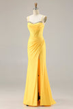Glitter Yellow Mermaid Beaded Corset Lace Up Back Long Prom Dress with Slit