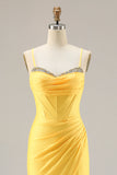 Glitter Yellow Mermaid Beaded Corset Lace Up Back Long Prom Dress with Slit