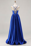 Royal Blue A-Line Beaded Satin Long Prom Dress with Lace Up Back