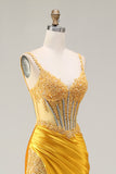 Sparkly Yellow Mermaid Sequin Corset Rhinestones Long Prom Dress with Slit