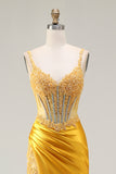 Sparkly Yellow Mermaid Sequin Corset Rhinestones Long Prom Dress with Slit