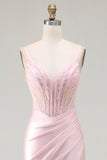 Pink Mermaid Beaded Corset Ruched Long Prom Dress with Slit