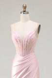 Pink Mermaid Beaded Corset Ruched Long Prom Dress with Slit