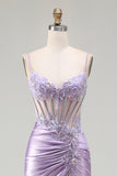 Sparkly Light Purple Mermaid Seuqin Ruched Long Prom Dress with Slit