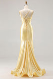 Light Yellow Mermaid Corset Beaded Long Prom Dress with Lace Up Back