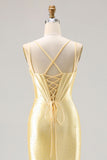 Light Yellow Mermaid Corset Beaded Long Prom Dress with Lace Up Back