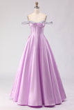 Off The Shoulder Light Purple A-Line Beaded Corset Long Prom Dress