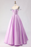 Off The Shoulder Light Purple A-Line Beaded Corset Long Prom Dress