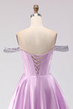 Off The Shoulder Light Purple A-Line Beaded Corset Long Prom Dress