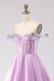 Off The Shoulder Light Purple A-Line Beaded Corset Long Prom Dress