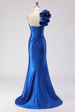 Royal Blue One Shoulder Beaded Mermaid Corset Long Prom Dress with Slit