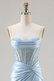 Strapless Mermaid Sky Blue Corset Beaded Long Prom Dress with Slit