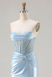 Strapless Mermaid Sky Blue Corset Beaded Long Prom Dress with Slit