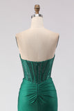 Glitter Dark Green Sweetheart Mermaid Beaded Corset Long Prom Dress with Slit