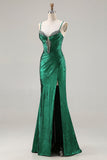 Metallic Dark Green Beaded Corset Mermaid Long Prom Dress with Slit