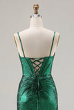Metallic Dark Green Beaded Corset Mermaid Long Prom Dress with Slit