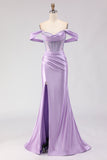 Off The Shoulder Mermaid Purple Corset Beaded Long Prom Dress with Slit