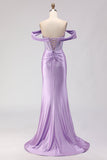 Off The Shoulder Mermaid Purple Corset Beaded Long Prom Dress with Slit