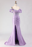 Off The Shoulder Mermaid Purple Corset Beaded Long Prom Dress with Slit