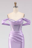 Off The Shoulder Mermaid Purple Corset Beaded Long Prom Dress with Slit