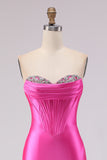 Sweetheart Fuchsia Mermaid Corset Beaded Long Prom Dress with Slit