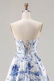 Blue Floral Strapless A-Line Corset Lace Up Back Long Prom Dress with Slit