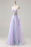 Sparkly Strapless Purple A-Line Corset Lace Up Back Long Prom Dress with Appliques