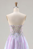 Sparkly Strapless Purple A-Line Corset Lace Up Back Long Prom Dress with Appliques