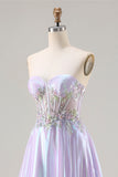 Sparkly Strapless Purple A-Line Corset Lace Up Back Long Prom Dress with Appliques