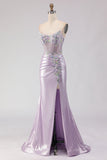 Strapless Mermaid Corset Light Purple Beaded Long Prom Dress with Slit