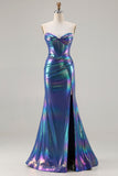 Metallic Navy Mermaid Strapless Corset Long Prom Dress with Slit