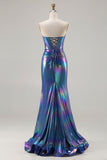 Metallic Navy Mermaid Strapless Corset Long Prom Dress with Slit